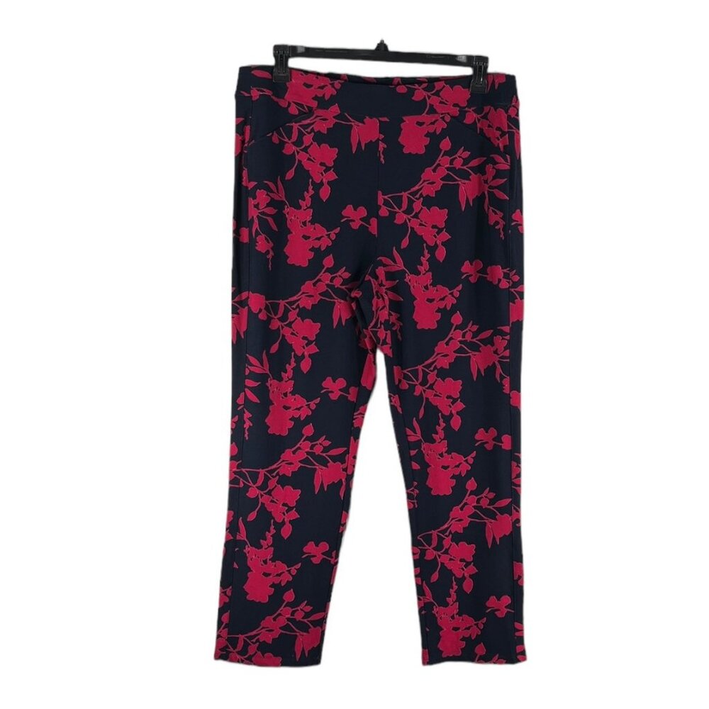 Chico’s Travelers Pull On Floral Knit Pants Womens 2.5R Black Red Stretch